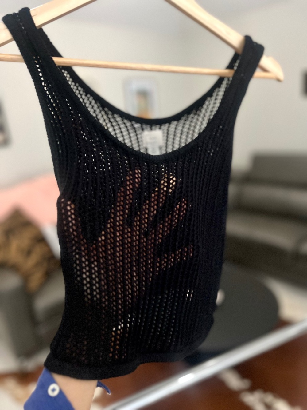 Black knit fishnet cropped tank top Sz XS
